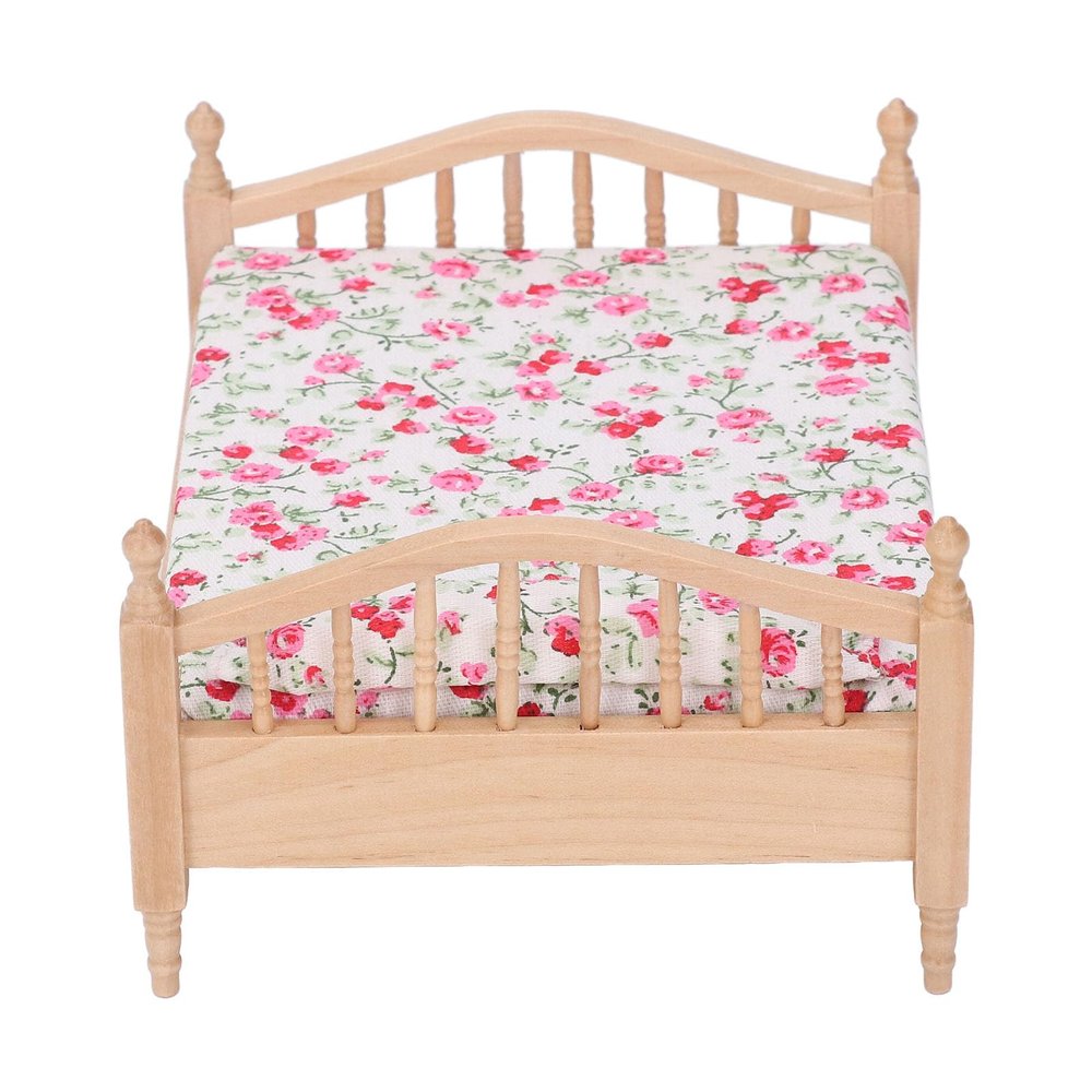 1/12 Miniature Dollhouse Bed Elegant Miniature Bed Furniture Decorative Wooden Dollhouse Bed Floral Furniture Miniature Bed Accessories