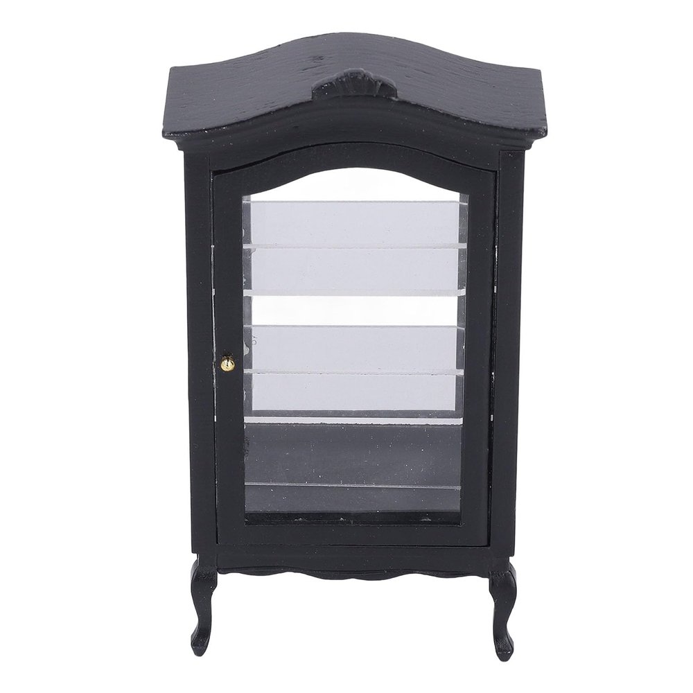 1:12 Scale Doll House Display Shelf Cabinet Miniature Furniture Display Shelf Black Display Cabinet with Transparent Window Dream Display Cabinet for Doll House Accessory