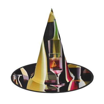 BGSHJVF Cocktail Glasses And Wine Bottles Print Halloween Witch Hat Cosplay Caps Halloween Decoration Costume Accessories For Party