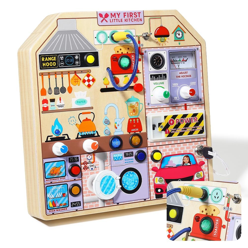 JAUNTY Kitchen Busy Board Toy for 3 4 5 Years Old, Wooden Sensory Toys Montessori 3-5 Toddler Girls Toy with Sound, Learning Kitchen Toys Great 1st First Birthday Gift for Girls Boys