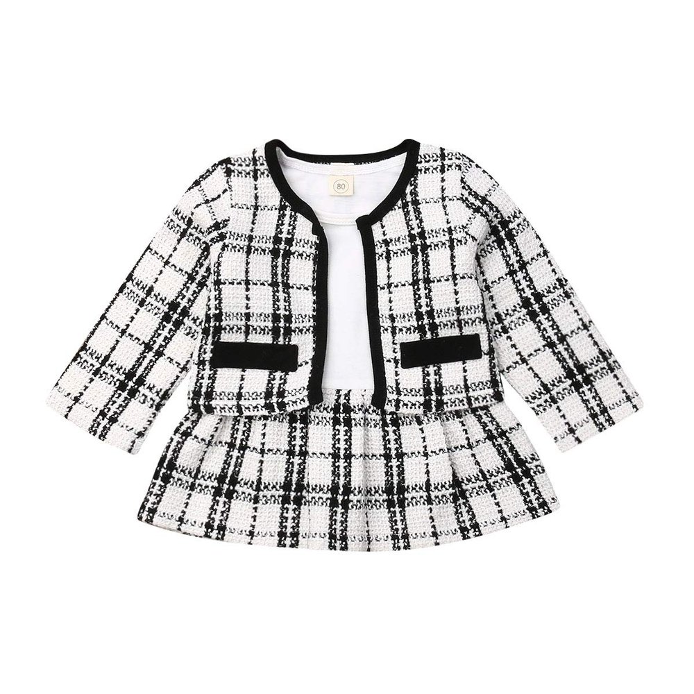 MBMSHEGH Baby Girls 2Pcs Princess Outfits Autumn Winter Clothes Long Sleeve Patchwork Dress+Plaid Coat Tops Formal Costumes (A-Plaid, 5-6 Years)