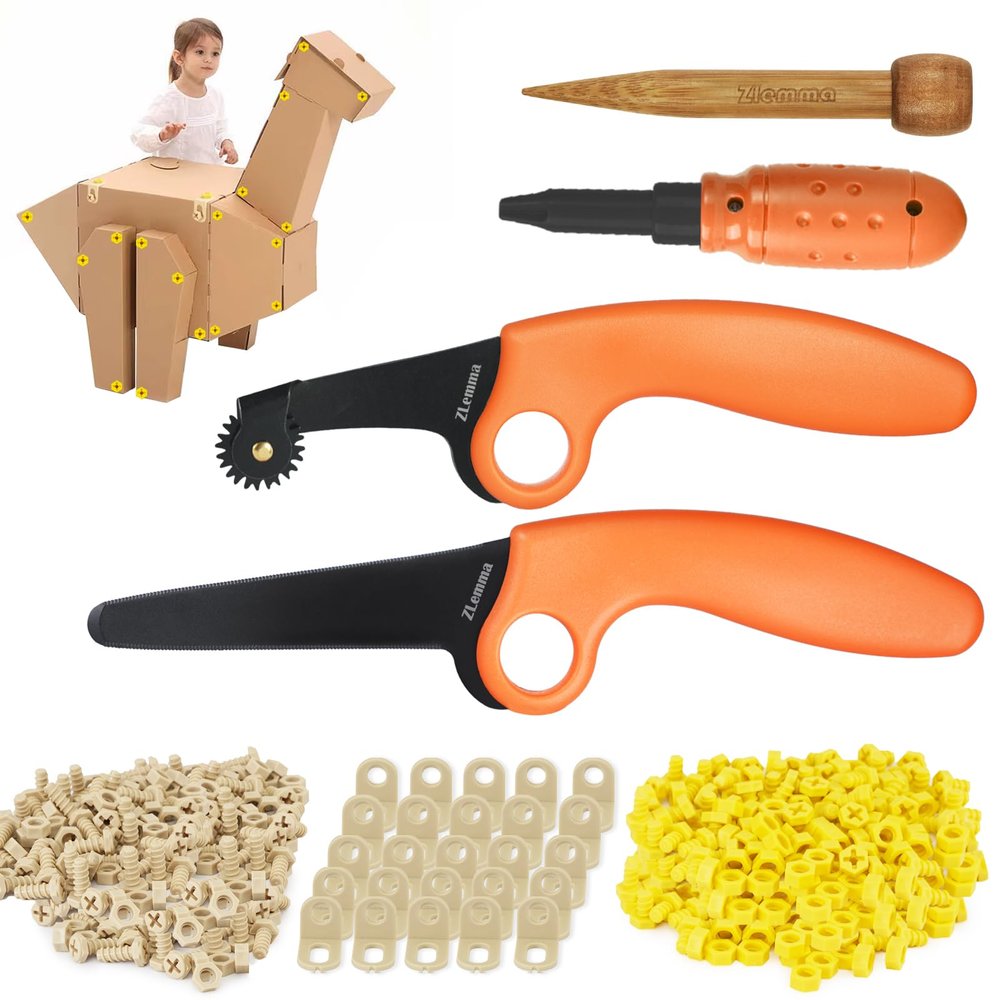 ZLemma Cardboard Construction Tools Kit 966-pieces, Cardboard Project Tools for at Home Play + Classroom Learning, Reusable Tools for Boys and Girls