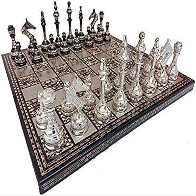 Aakrati Metal Brass Chess Set Tribal Warli Art in Velvet Storage Box. (14 Inch)