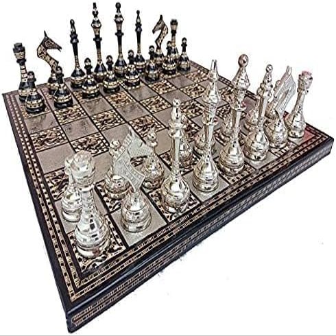 Aakrati Metal Brass Chess Set Tribal Warli Art in Velvet Storage Box. (14 Inch)
