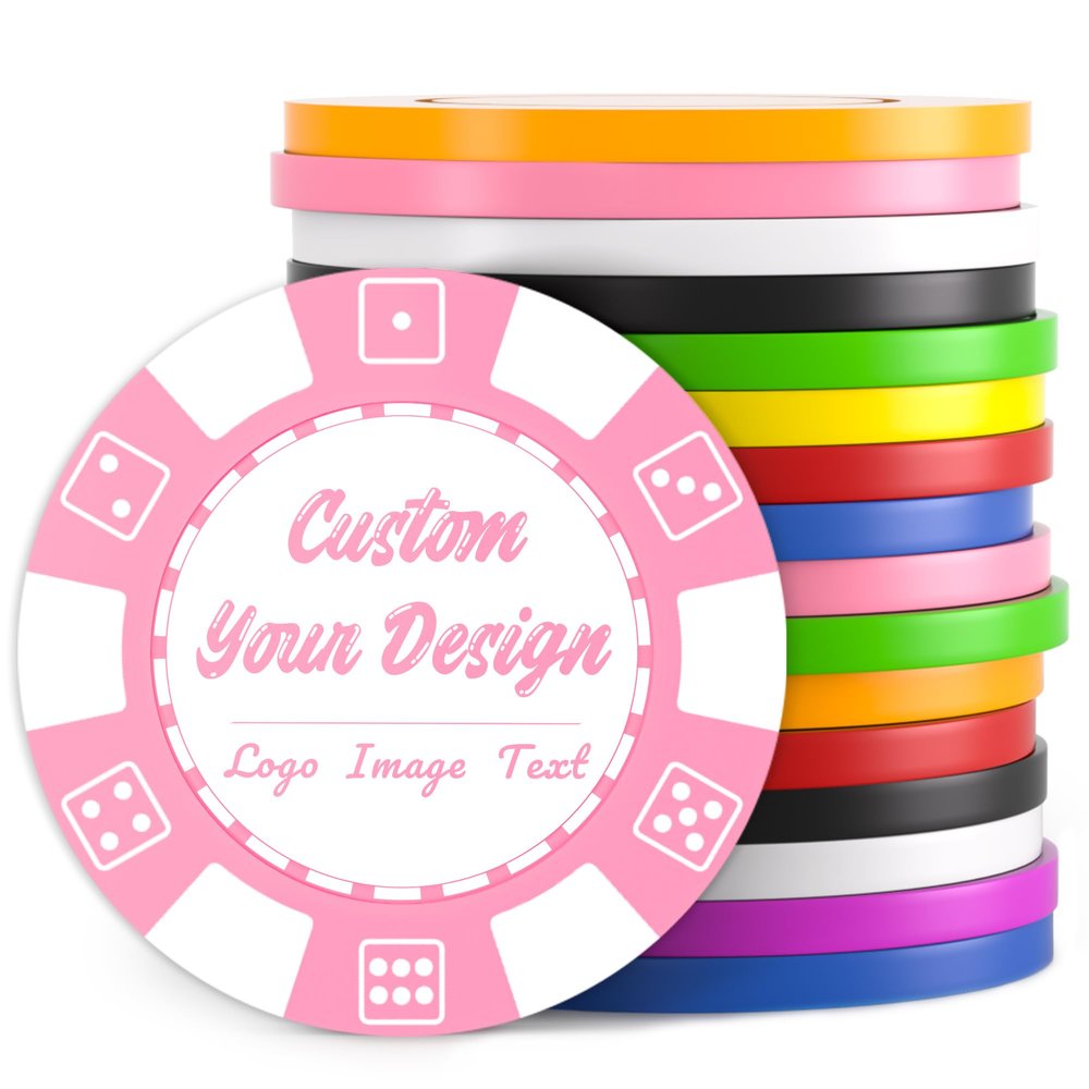 100 Custom Poker Chips, Drink Token Chips Imprinted with Personalized Logo, Image or Text, Double Sided Full Color Print Custom Tokens for Bars, Party, Poker Games, Casino Night (Pink, 40MM)