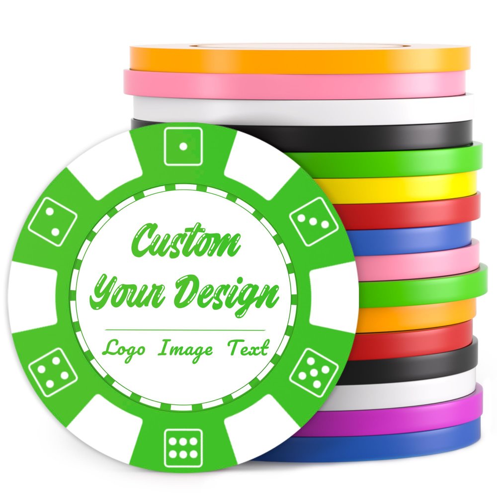 100 Custom Poker Chips, Drink Token Chips Imprinted with Personalized Logo, Image or Text, Double Sided Full Color Print Custom Tokens for Bars, Party, Poker Games, Casino Night (Green, 37MM)