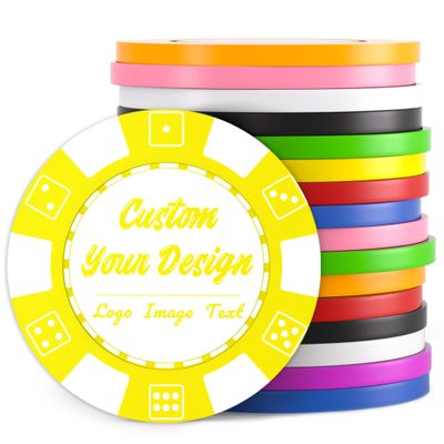 100 Custom Poker Chips, Drink Token Chips Imprinted with Personalized Logo, Image or Text, Double Sided Full Color Print Custom Tokens for Bars, Party, Poker Games, Casino Night (Yellow, 40MM)