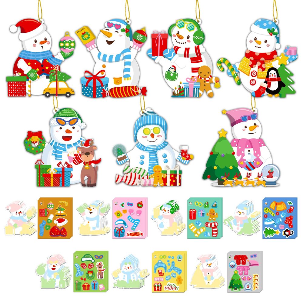 28 Pack Christmas DIY Crafts Kit for Kids, Make Your Own Christmas Snowman Ornaments Xmas Stickers Cutouts Arts and Crafts Bulk for Kids Winter Holiday Xmas Classroom Art Activities Party Decorations