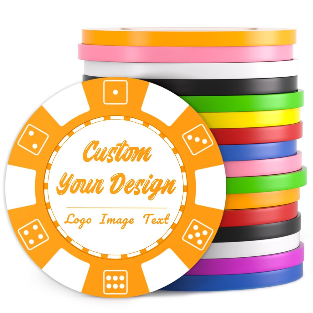 100 Custom Poker Chips, Drink Token Chips Imprinted with Personalized Logo, Image or Text, Double Sided Full Color Print Custom Tokens for Bars, Party, Poker Games, Casino Night (Orange, 40MM)