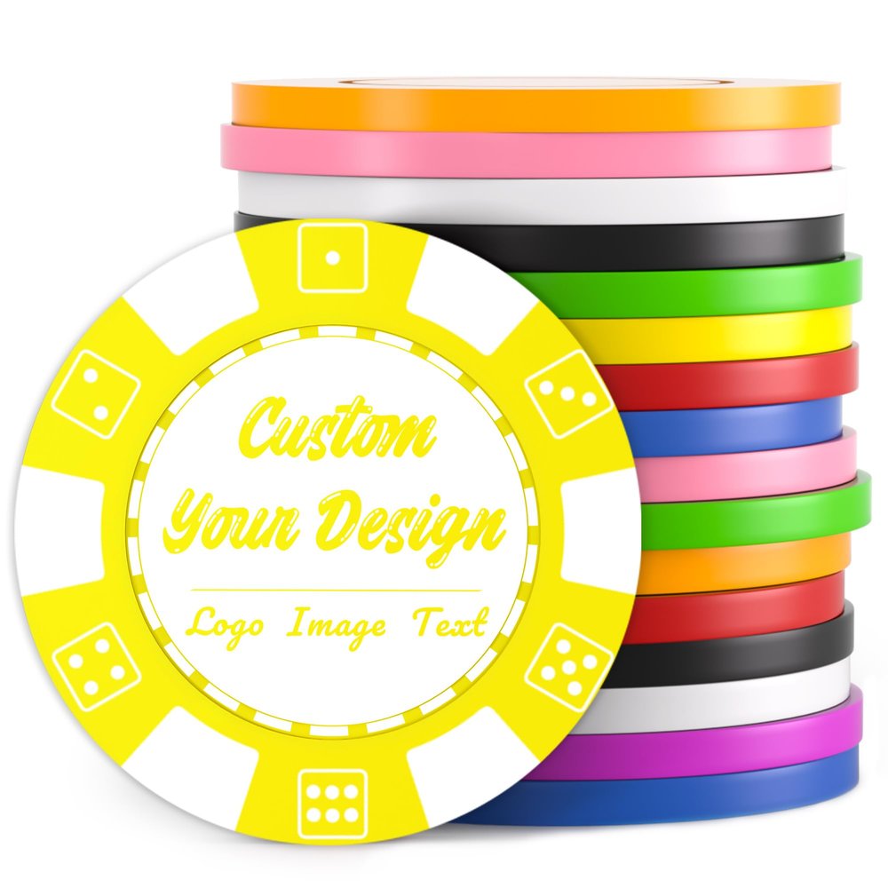 100 Custom Poker Chips, Drink Token Chips Imprinted with Personalized Logo, Image or Text, Double Sided Full Color Print Custom Tokens for Bars, Party, Poker Games, Casino Night (Yellow, 37MM)