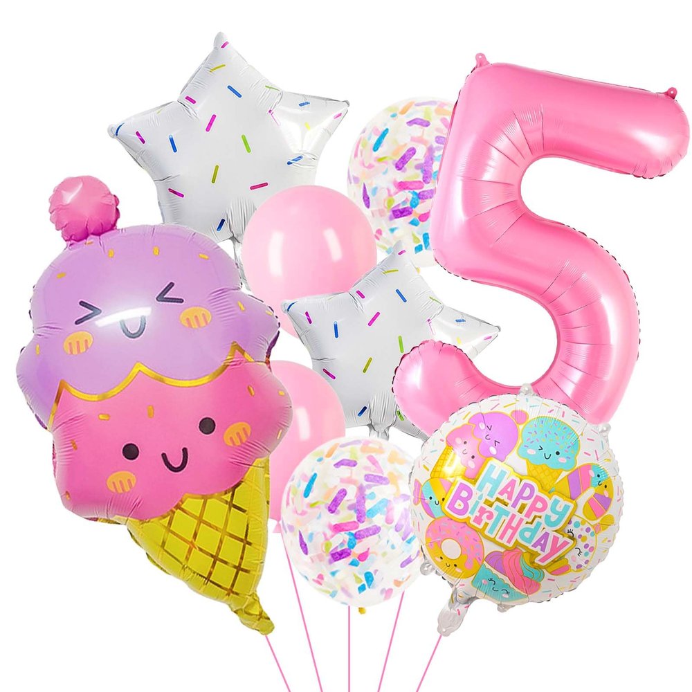 Pink Ice Cream Balloons, 5 Balloon Number, 5th Birthday Decorations Girl, Ice Cream Balloon for Girls Birthday Party Decoration (5)