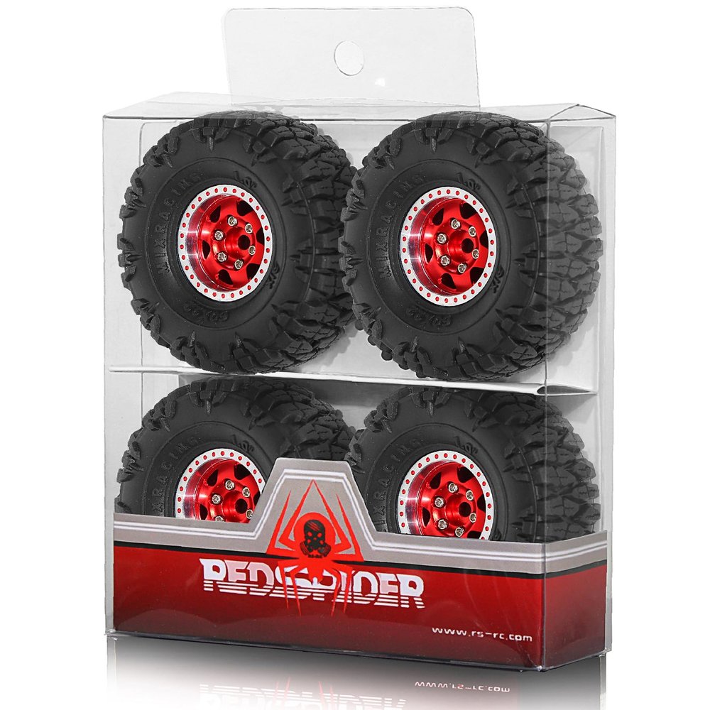 1.0 Beadlock Wheels and Tires4pcs 1.0 Crawler Tires OD 60 * 22mm Aluminum Alloy 1.0 Wheel 1/18 1/24 RC Crawler Tires for SCX24 TRX4M FMS FCX24 FCX18 AX24 (Red)