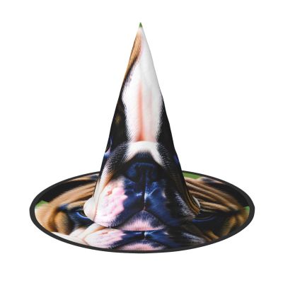 BGSHJVF Cute Bulldog Puppy Print Halloween Witch Hat Cosplay Caps Halloween Decoration Costume Accessories For Party
