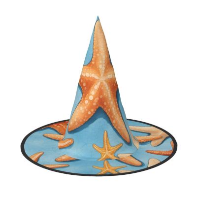 BGSHJVF Blue Background Starfish Print Halloween Witch Hat Cosplay Caps Halloween Decoration Costume Accessories For Party