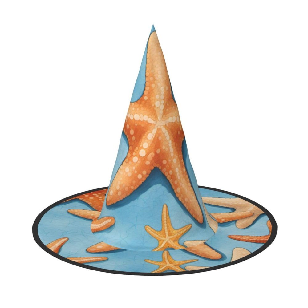 BGSHJVF Blue Background Starfish Print Halloween Witch Hat Cosplay Caps Halloween Decoration Costume Accessories For Party