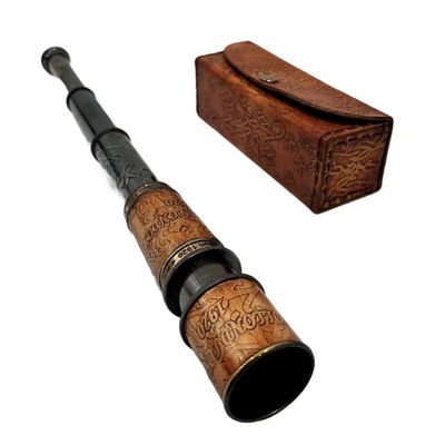 15 inches Orange Leather Handheld Mini Antique Desk Telescope Leather Case