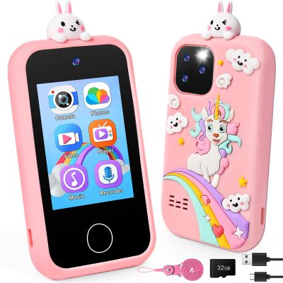 Smart Phone for Kids With Soft Silicone Cover, 32GB SD Card - 2.8" Touchscreen Cell Phone With Dual Camera, Puzzle Games, MP3 for 3-8 Year Old Girls Gifts Pink