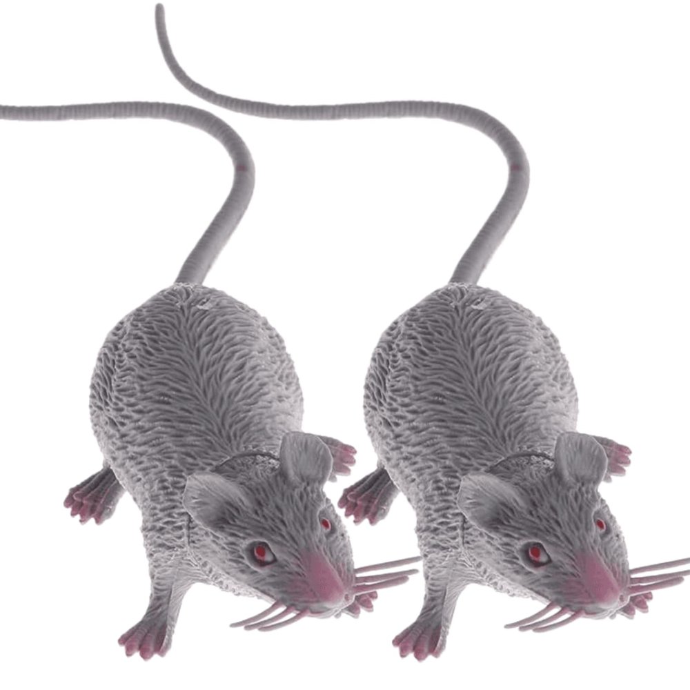 2 Pack Lifelike Gray Plastic Halloween Rat Toy - Realistic Fake Mice for Creepy Party Props, Spooky Decorations, and Pranks - Perfect for Halloween, April Fool's Day, and Haunted House Decor
