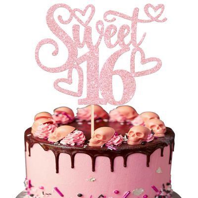 1 Pack Sweet 16 Cake Topper Glitter Teenager 16th Birthday Cake Pick for Boys Girls Cheers to 16 Years Old 16th Birthday Party Cake Decorations Supplies Light Pink