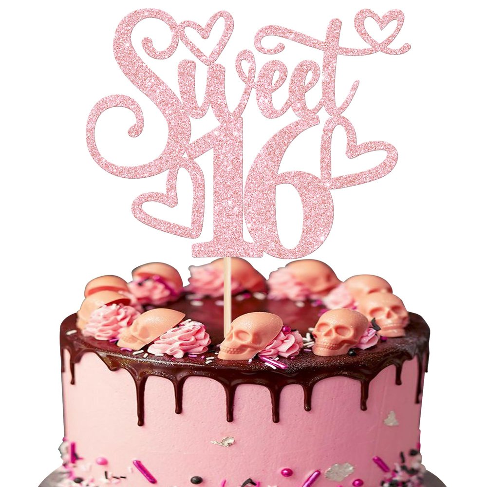 1 Pack Sweet 16 Cake Topper Glitter Teenager 16th Birthday Cake Pick for Boys Girls Cheers to 16 Years Old 16th Birthday Party Cake Decorations Supplies Light Pink