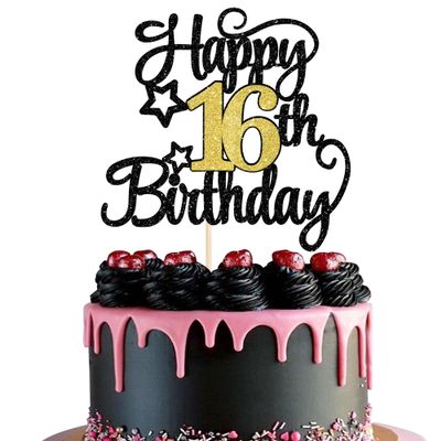 1 Pack Happy 16th Birthday Cake Topper 16 Fabulous Cheers to 16 Years Sixteen Birthday Cake Pick with Glitter Star for 16th Birthday Anniversary Party Cake Decoration Supplies Black Gold