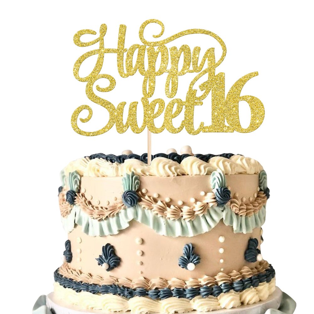 1 Pack Happy Sweet 16 Cake Topper Glitter 16th Birthday Cake Pick Cheers to 16 Years Old Cake Decorations for 16th Birthday Anniversary Party Supplies Gold