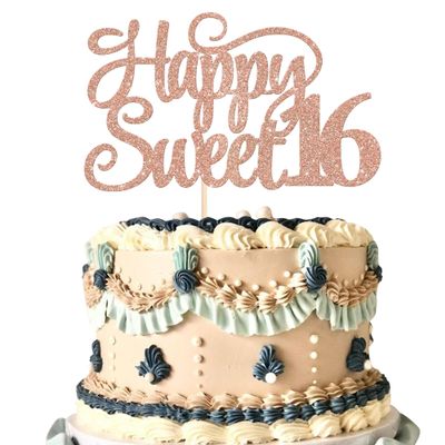 1 Pack Happy Sweet 16 Cake Topper Glitter Sweet 16 Cheers to 16 Years Old Birthday Cake Pick for 16th Birthday Anniversary Party Cake Decorations Supplies Rosegold