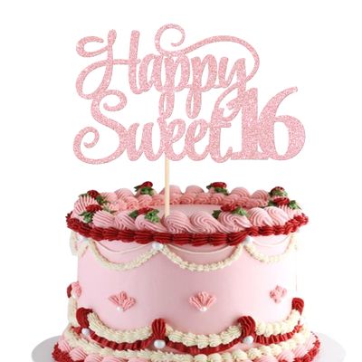 1 Pack Happy Sweet 16 Cake Topper Glitter 16th Birthday Cake Pick Cheers to 16 Years Old Cake Decorations for 16th Birthday Anniversary Party Supplies Light Pink