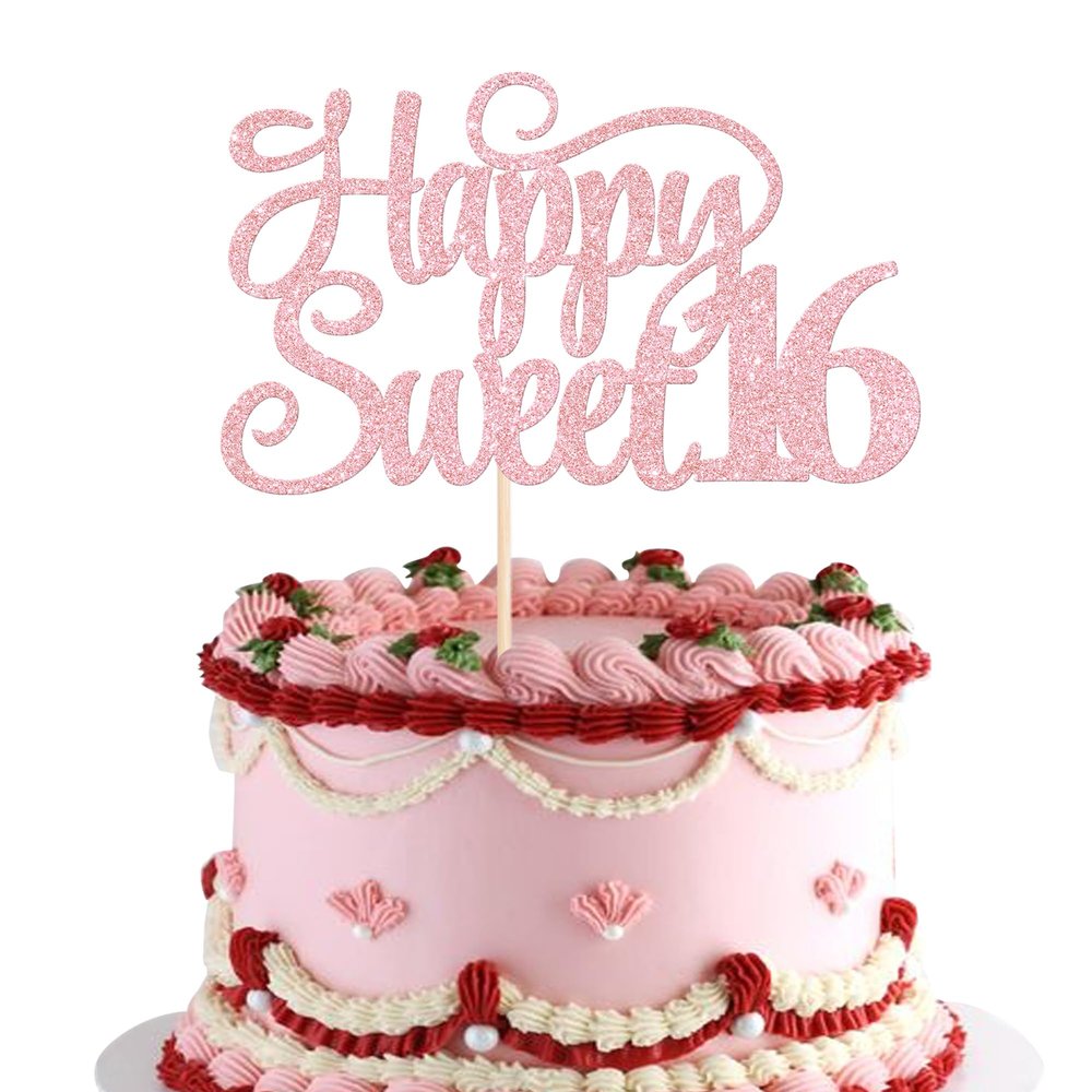 1 Pack Happy Sweet 16 Cake Topper Glitter 16th Birthday Cake Pick Cheers to 16 Years Old Cake Decorations for 16th Birthday Anniversary Party Supplies Light Pink