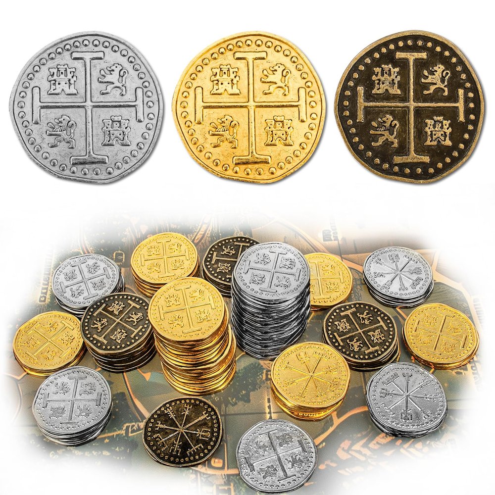 Byhoo 100 Pcs Metal Pirate Token Coins Set, Realistic Treasure Spanish Coins for Pirate Treasure Chest Treasure Hunt Cosplay Toy Board Game