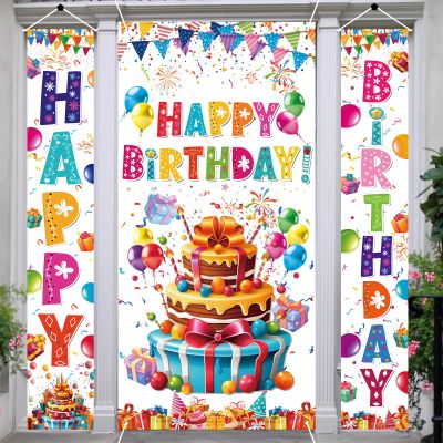 3 PCS Colorful Happy Birthday Banner Door Cover Porch Sign Hanging Party Decorations Indoor Outdoor Wall Decor,Kids Boys Girls Birthday Party Supplies(white)