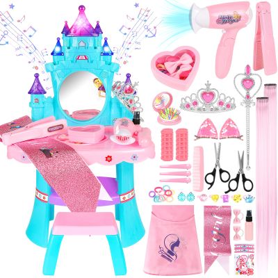 EULRGAUS Toddler Vanity Table and Chair Set with Mirror, Light and Music, Little Girl Vanity with Hair Salon Toys for Ages 2-4 Girls, Toddler Toys Gifts for 3 Year Old Girl