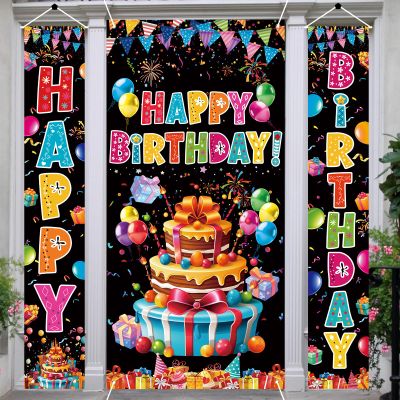 3 PCS Colorful Happy Birthday Banner Door Cover Porch Sign Hanging Party Decorations Indoor Outdoor Wall Decor,Kids Boys Girls Birthday Party Supplies(Black)