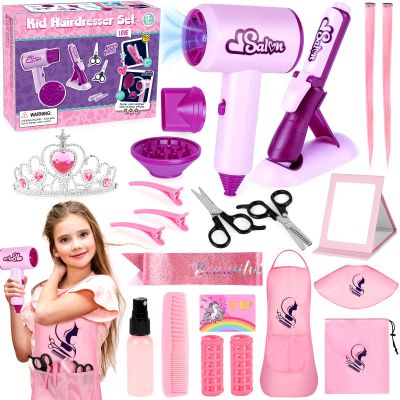 Hair Salon Toys for Girls, 40Pcs Girl Beauty Salon Playset Pretend Hair Styling Set with Hairdryer, Curling Iron, Mirror, Barber Apron and Styling Accessories for Toddler Makeup Party Christmas