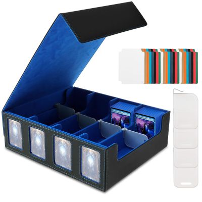 4-Row Card Storage Box for Trading Cards with Card Supports, 3000+ Capacity Trading Card Storage, Trading Card Storage with Viewing Windows Magnetic Closure Game Cards Box (Black Blue)
