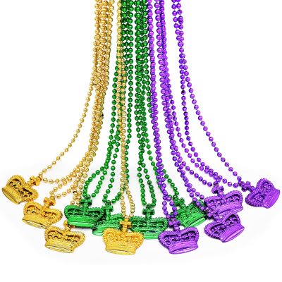 12 Pcs 33" Mardi Gras Beads Necklace Bulk - Green Purple Gold Plastic Crown Shape Bead Necklaces Bundle for Mardi Gras Throws, Party Costume, St Patrick's Day Decorations