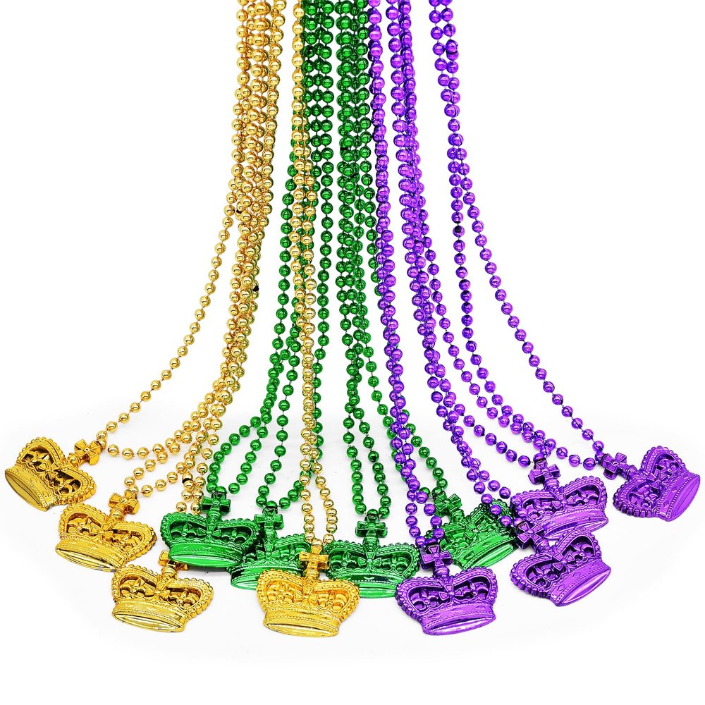 12 Pcs 33" Mardi Gras Beads Necklace Bulk - Green Purple Gold Plastic Crown Shape Bead Necklaces Bundle for Mardi Gras Throws, Party Costume, St Patrick's Day Decorations