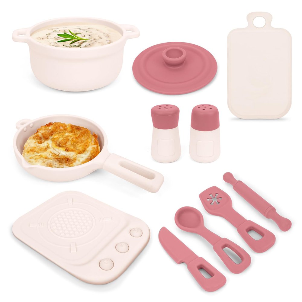 TYRY.HU Play Kitchen Accessories, 11Pcs BPA Free Silicone Pretend Play Food Sets, Play Kitchen Set,Play Kitchen Cooking Utensils Pots & Pans, Pretend Role Play Cooking Toys Gifts for Toddlers 1-3,Pink