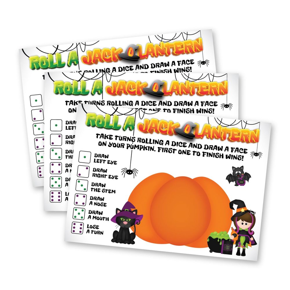 15 Kids Halloween Party Game, Draw a Face on a Pumpkin to Make a Jack-o-Lantern, Roll a Dice (NOT included) to Take Turns 5x7"