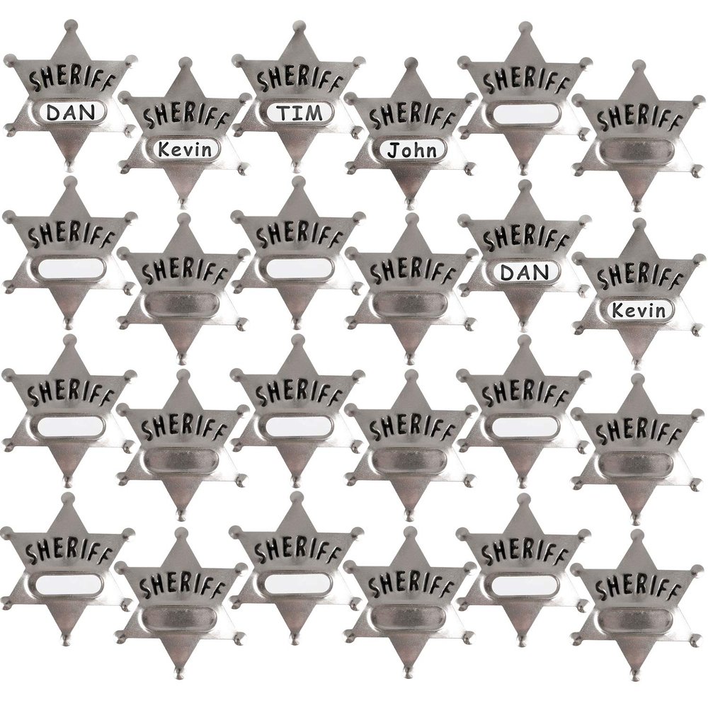 Bedwina Metal Sheriff Badges - (Pack of 120) Silver Star Name Badges with Stickers for Personalized Names, Western Cowboy Dress Up Deputy's Badge Toys for Kids Birthday Party Favors, Giveaways & More