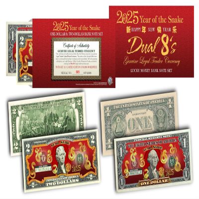 2025 Chinese Lunar New Year Year of The Snake Gold Hologram Colorized Two & One Dollar Federal Reserve Note Special Edition $2 & $1 Set Collectible RED Lunar Lucky Envelope