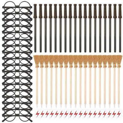 144 Pcs Wizard Wand Party Favors for Kids , Wand Pencils, Witch Broom Pencils, Lightning Tattoos, Round Frame Glasses, Party Decorations Birthday Gifts, Halloween Cosplay Accessories for Teens