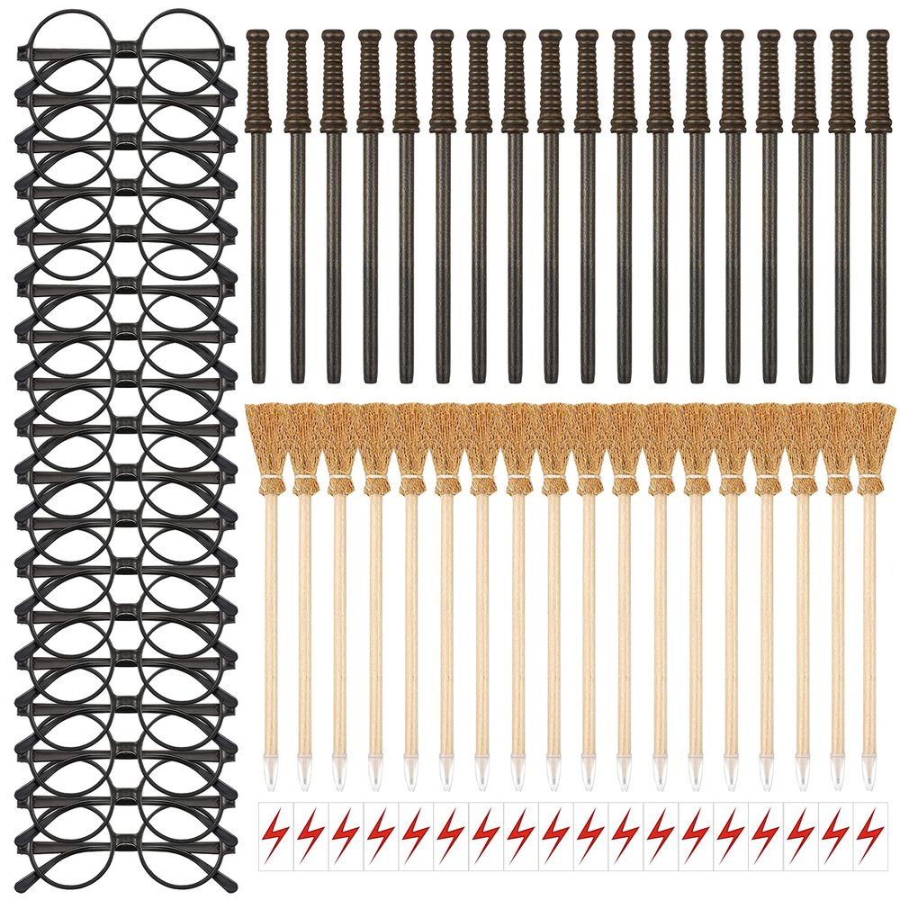 144 Pcs Wizard Wand Party Favors for Kids , Wand Pencils, Witch Broom Pencils, Lightning Tattoos, Round Frame Glasses, Party Decorations Birthday Gifts, Halloween Cosplay Accessories for Teens