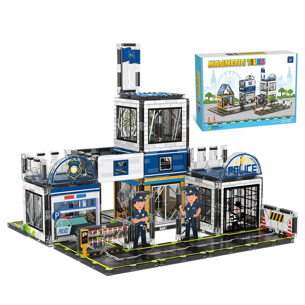 AFUNX Magnetic Tiles, 50PCS Police Station Theme Building Blocks Set, Magnet Building Blocks and STEM Preschool Toys for Toddlers Kids Ages 3-5 5-7 8-10