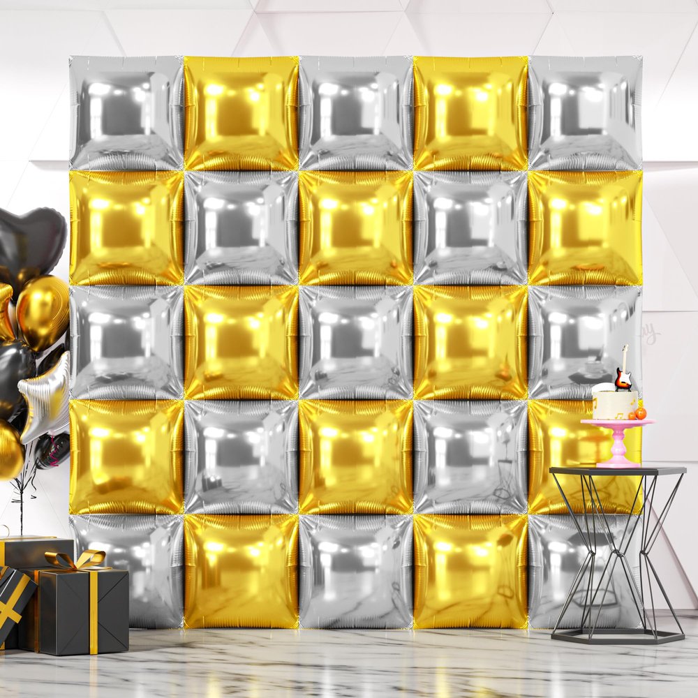 NISOCY 25PCS Metallic Silver Gold Square Foil Balloons Wall Backdrop Double Sided Chrome Gold Silver Balloons Arch Kit for Christmas New Year Anniversary Birthday Engagement Bridal Party Decorations