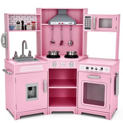 JOYLDIAS Kids Play Kitchen,Corner Wooden Pretend Toddler Kitchen Toys Playset with Realistic Lights & Sounds,Microwave Oven,Water Dispenser, Phone, Sink,Cooking Accessories, for Ages 3+, Pink