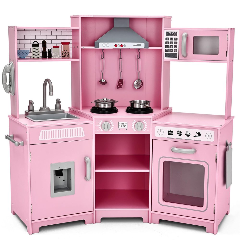 JOYLDIAS Kids Play Kitchen,Corner Wooden Pretend Toddler Kitchen Toys Playset with Realistic Lights & Sounds,Microwave Oven,Water Dispenser, Phone, Sink,Cooking Accessories, for Ages 3+, Pink