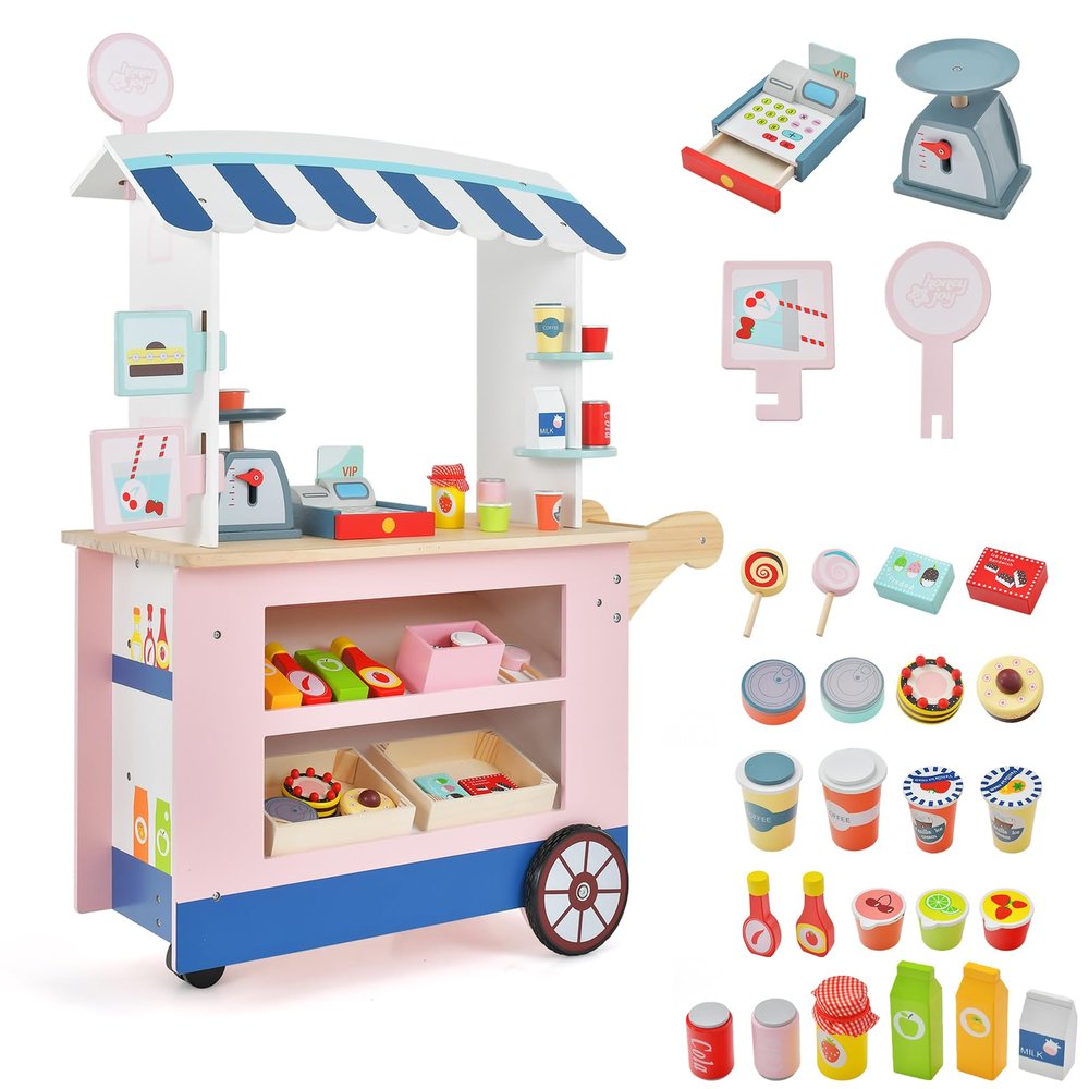 HOMGX Kids Grocery Play Set, Wooden Grocery Playset with 30 PCs Realistic Kit, Wheels & Cash Register, Child Food Truck Trolley Stand, Play Store Cart Toy for Boys & Girls Age 3+