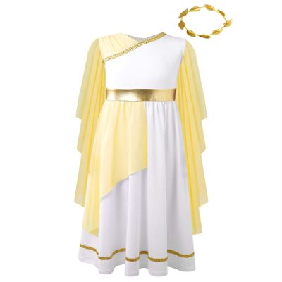 Loodgao Kids Girls Greek Toga Roman Princess Costume Dress with Headband Ancient Greece Mythos Philosopher Grecian Outfit Yellow 10 Years