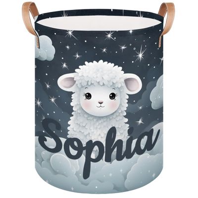 SPYORBKX Custom Laundry Basket with Name, Personalized Baby Laundry Hamper for Bedroom Bathroom, Round Storage Basket with Handle for Men Women Sheep Clouds